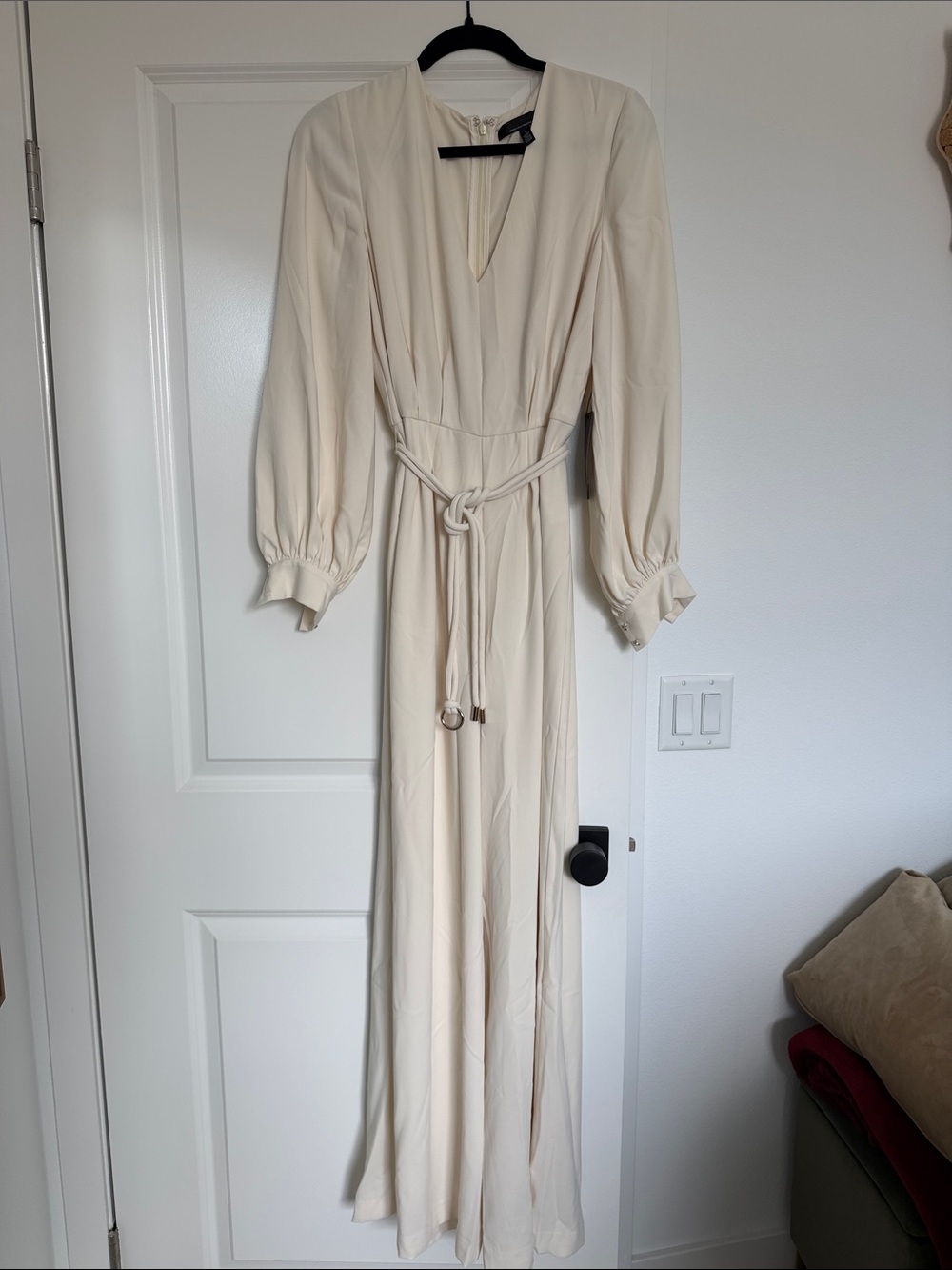 White House Black Market Cream Long Sleeve Jumpsuit with Tie Belt